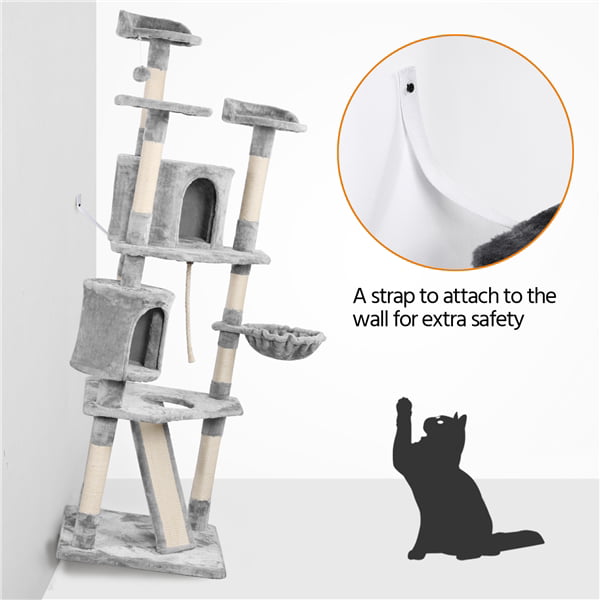 Topeakmart Multi-level Cat Tree Condo Tower with Basket， Scratching Posts and Ramp Light Gray， 79'' H