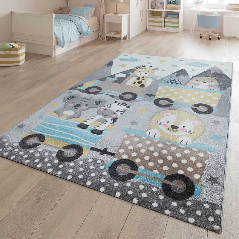 Kids Rug for Childrens Room Colorful Animals on a Train in Grey