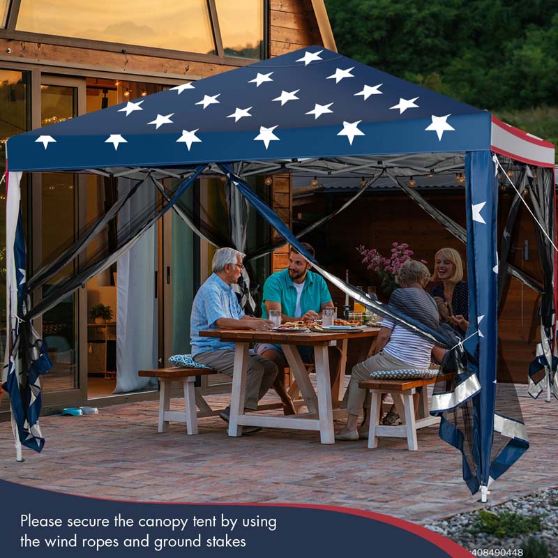 10 x 10 FT Pop Up Canopy Tent with Carry Bag & Netting, American Flag Printing Outdoor Gazebo