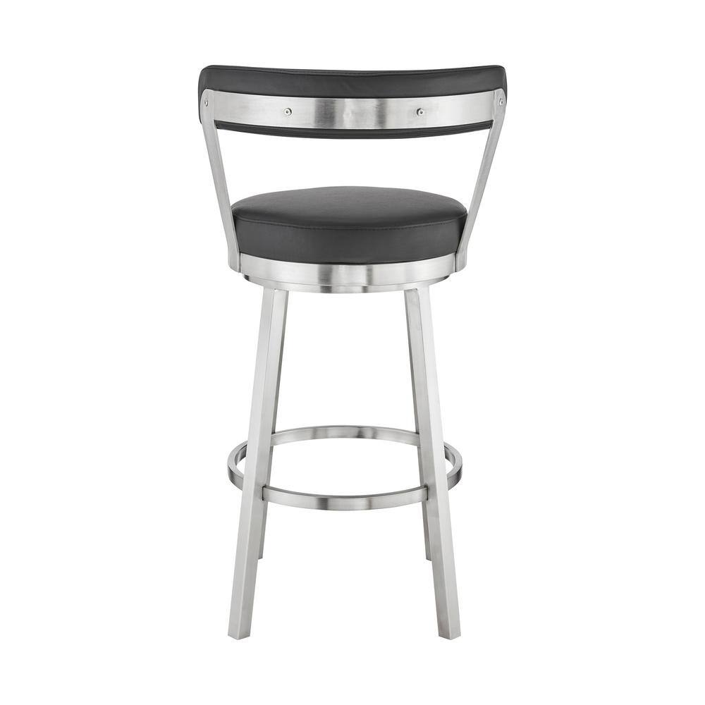 Armen Living Kobe 30 in. Bar Height Low Back Swivel Bar Stool in Brushed Stainless Steel and Black Faux Leather 721535761791