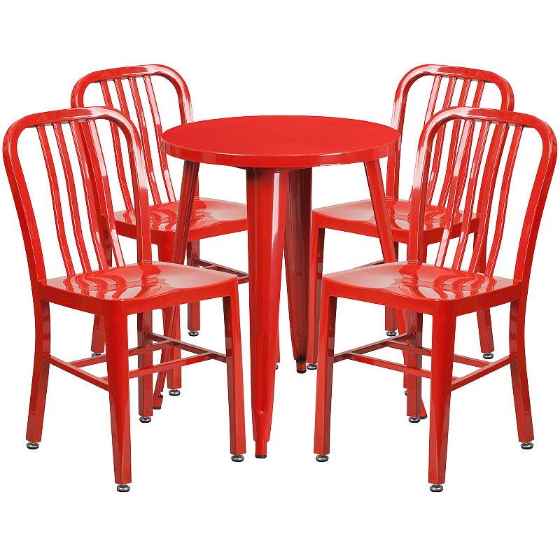 Emma and Oliver Commercial Grade 24 Round Red Metal Table Set-4 Vertical Slat Back Chairs