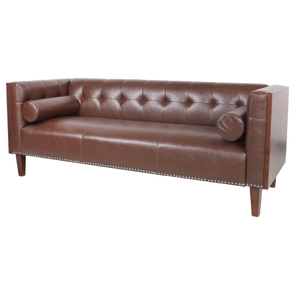 Modern Wooden Sides Arm Sofa with Leather  Nailhead Finish