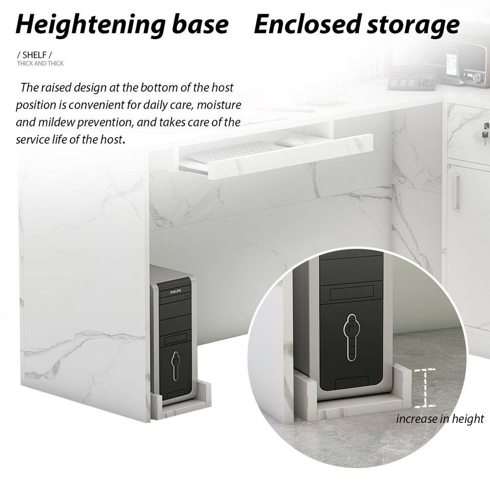 FUFUGAGA 55.9 in. L Shaped Marble Wood Reception Desk Computer Desk with Shelves and Cabinet Writing Table Workstation WFKF210088-03