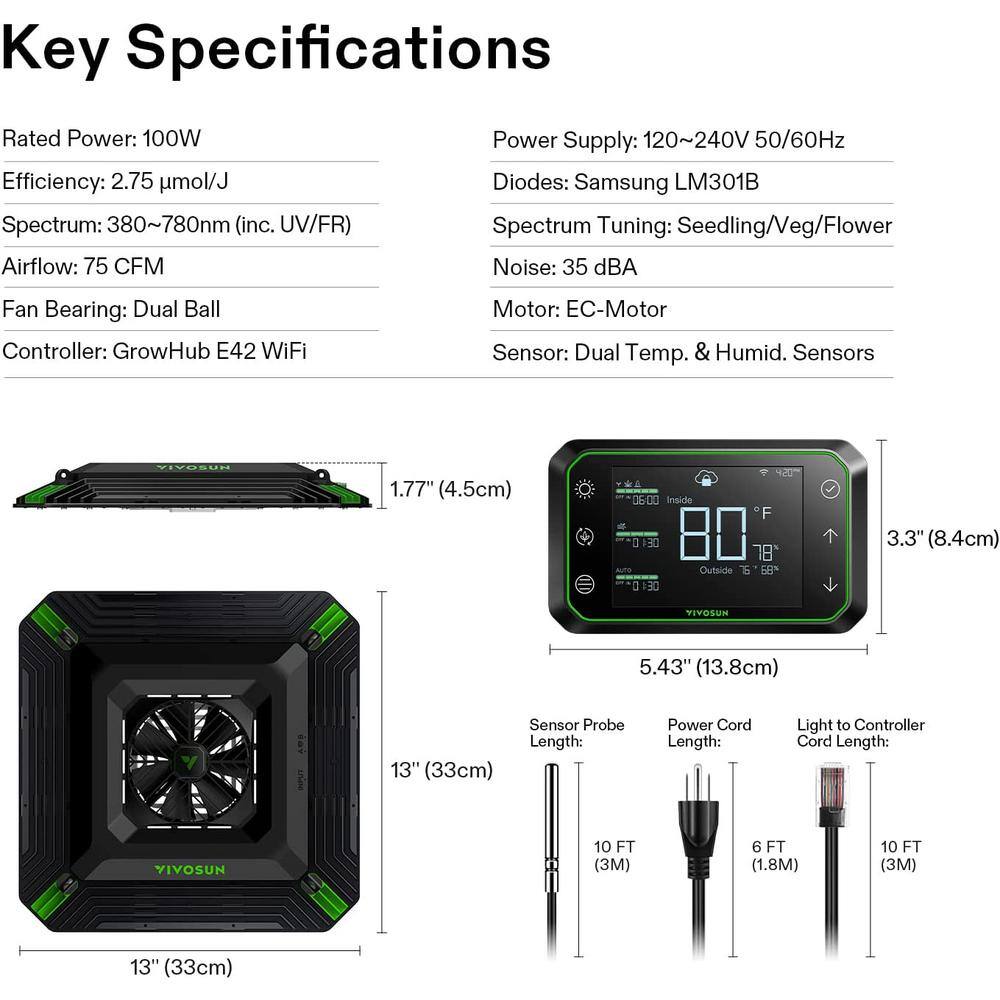 VIVOSUN AeroLight 100-Watt LED Grow Light with 4 in. Inline Duct Fan and GrowHub WiFi-Controller for Smart Grow Warm White wal-AERO-0001-A