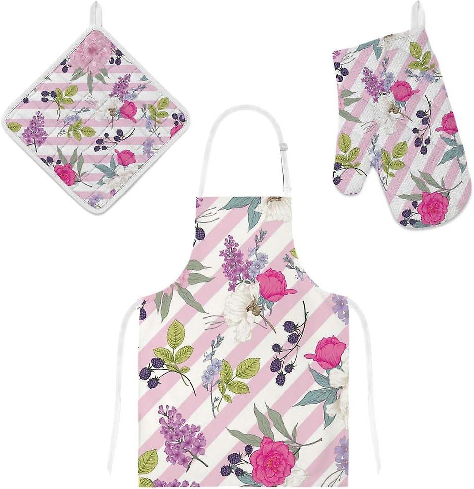 Insulation Kitchen Oven Mitts Potholder Apron 3pcs Set Flowers On Pink Stripes Non Slip Heat Resistant Gloves For Baking Cooking Bbq