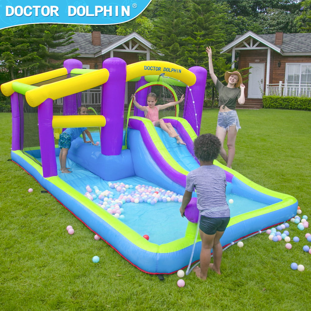 Inflatable Bounce House 5 in 1 Water Slide Jumping Park With Splashing Pool Water Cannon Including Carry Bag Stakes Repair Kit Hose (with 450W Air Blower)