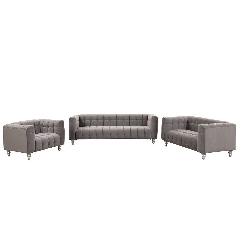 Grey Polyester Upholstered Sofa Set  Solid Wood Legs  3 Seater + Loveseat + Single Sofa