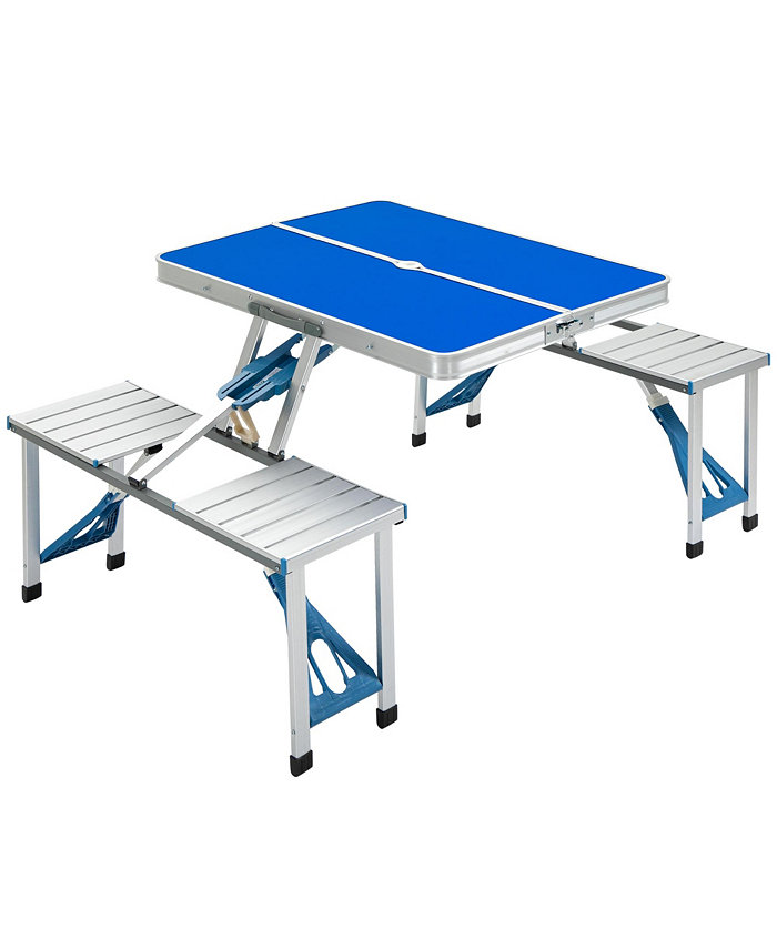 Outsunny Porch or Camping Picnic Table Folding with Carry Handle Portable Outdoor Table with Bench Patio Table with Umbrella Hole Collapsible Metal Seating Ocean Blue