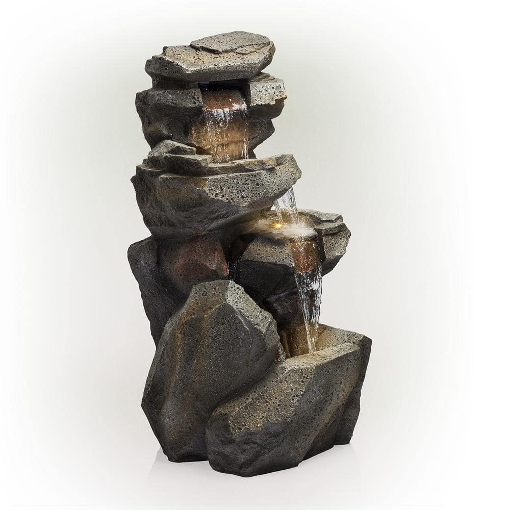 Alpine Corporation 40 in. Tall Outdoor 5-Tier Rock Cascading Waterfall Fountain with LED Lights WIN1184