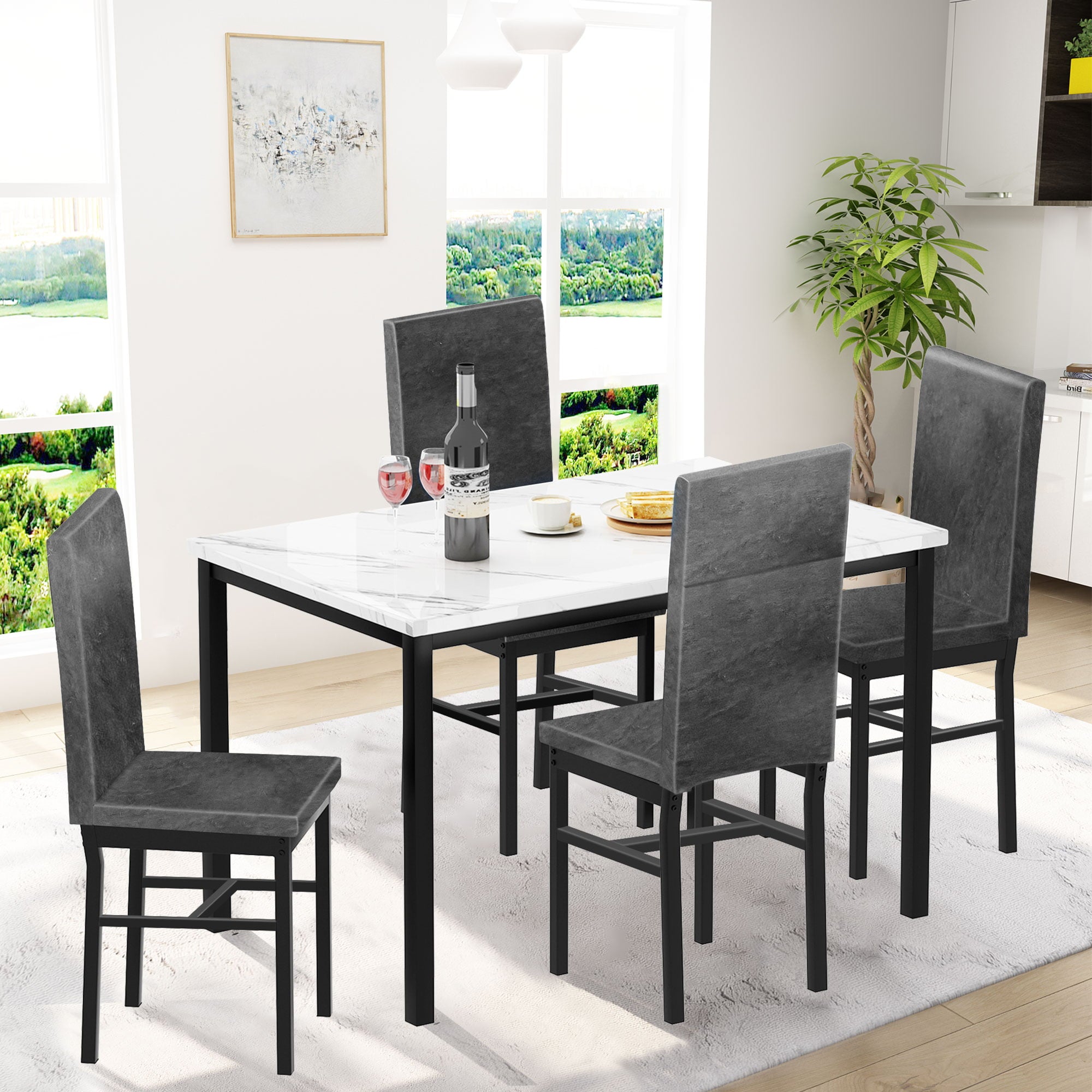 paproos Dining Table Set for 4, Modern 5-Piece Kitchen Table Set with Marble Top and Faux Leather Upholstery Chairs, Heavy Duty Dinette Sets for Breakfast Nook, Dining Room Table and Chairs, Gray