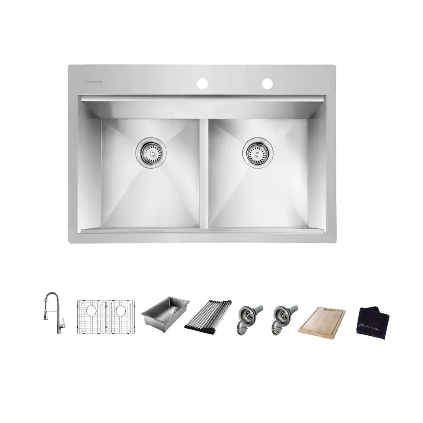 Glacier Bay Zero Radius Drop-in 18G Stainless Steel 33 in. 2-Hole 50/50 Double Bowl Workstation Kitchen Sink with Spring Neck Faucet