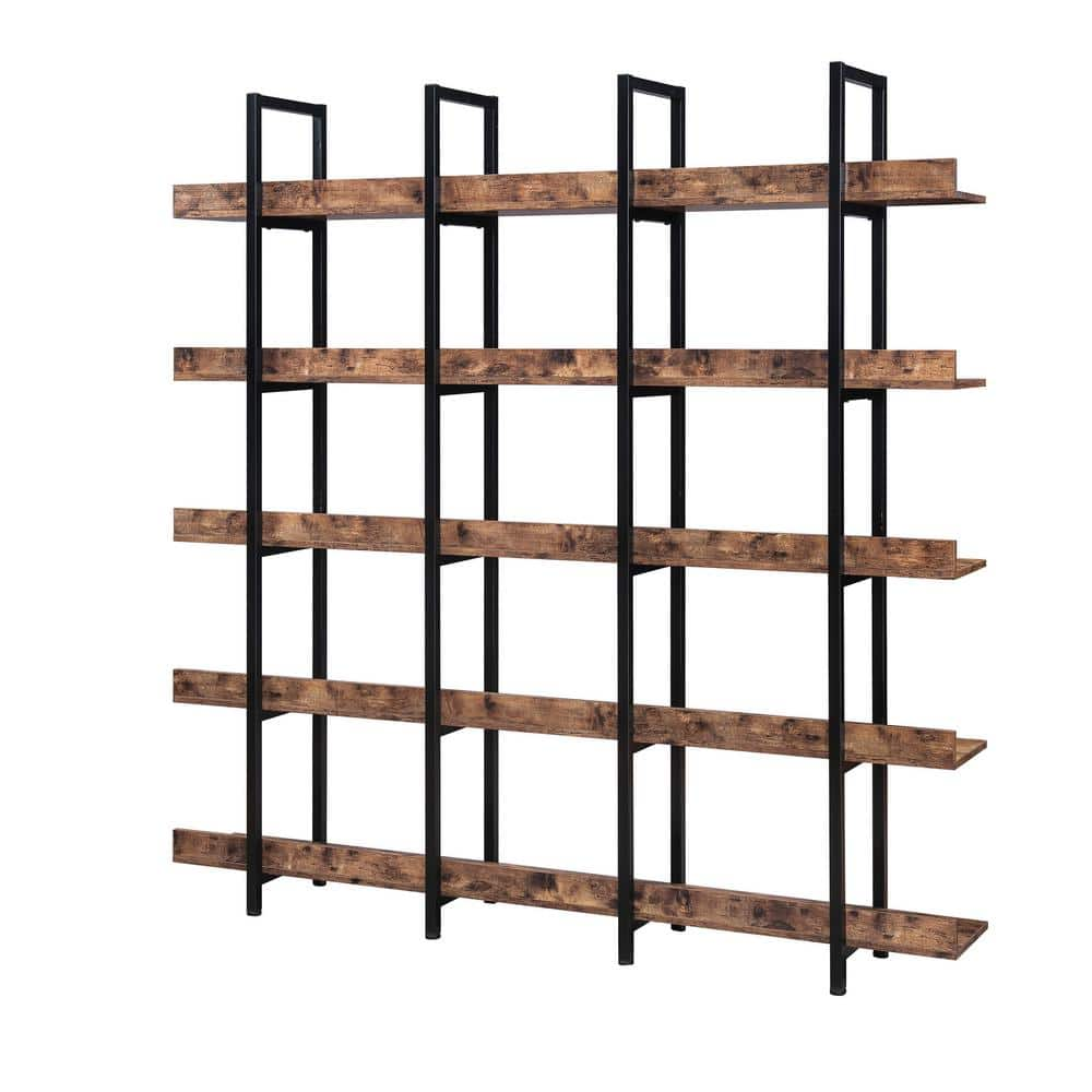 Tatahance Industrial Style 70.9 in. Wide Brown Finish 5 Shelf Open Bookcase with Black Metal Frame WF286176AAT-Z