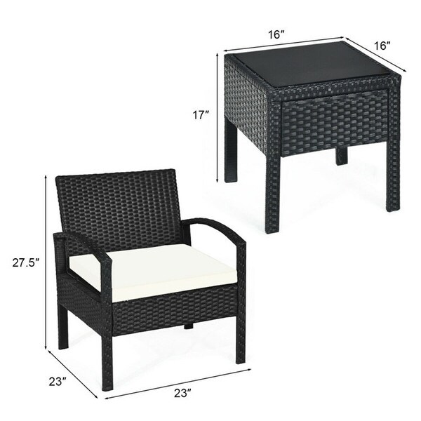 3 Pieces Outdoor Rattan Patio Conversation Set with Seat Cushions -  - 37563811