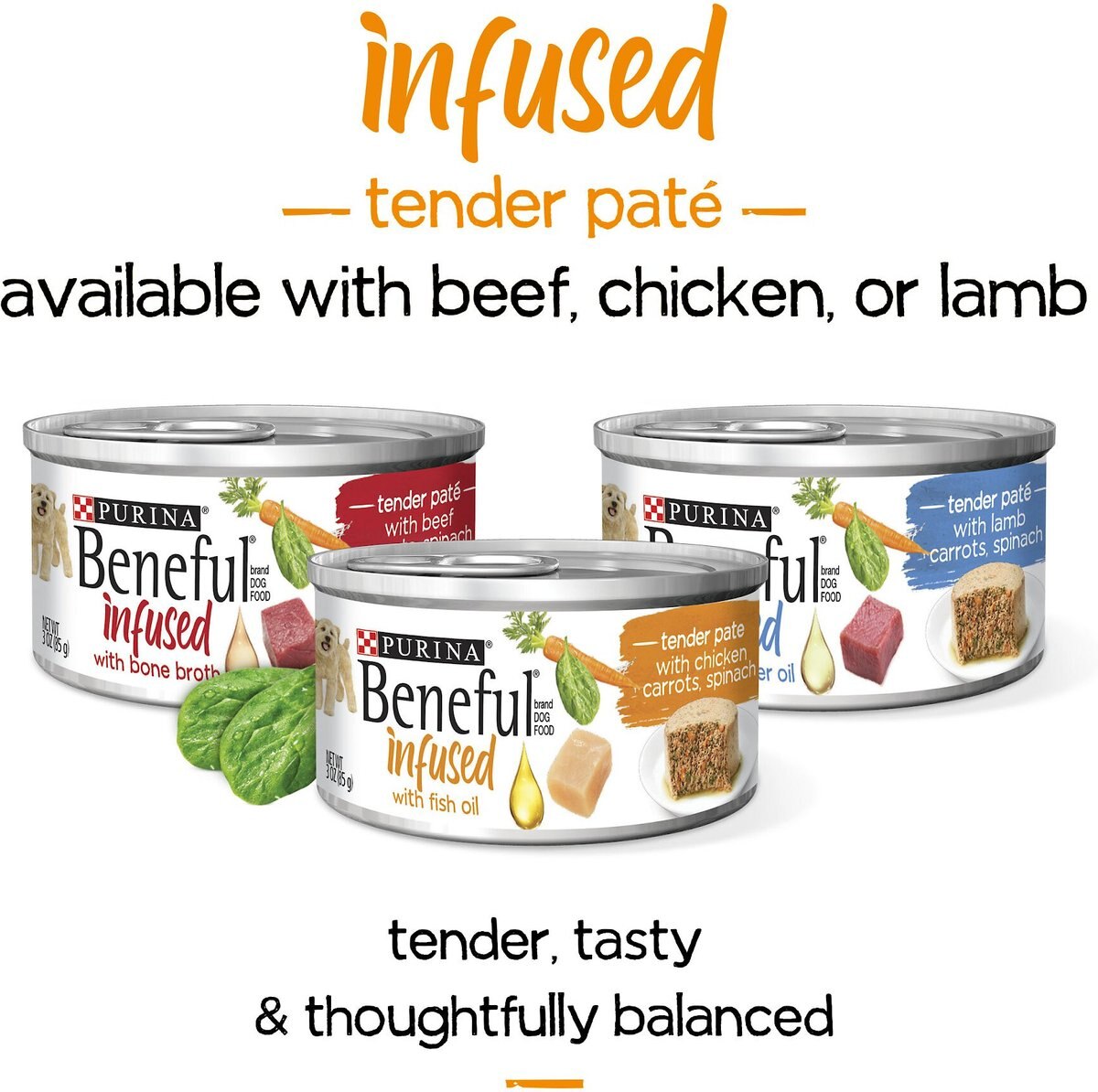 Purina Beneful Infused Pate With Real Chicken， Carrots and Spinach Wet Dog Food， 3-oz sleeve， case of 24