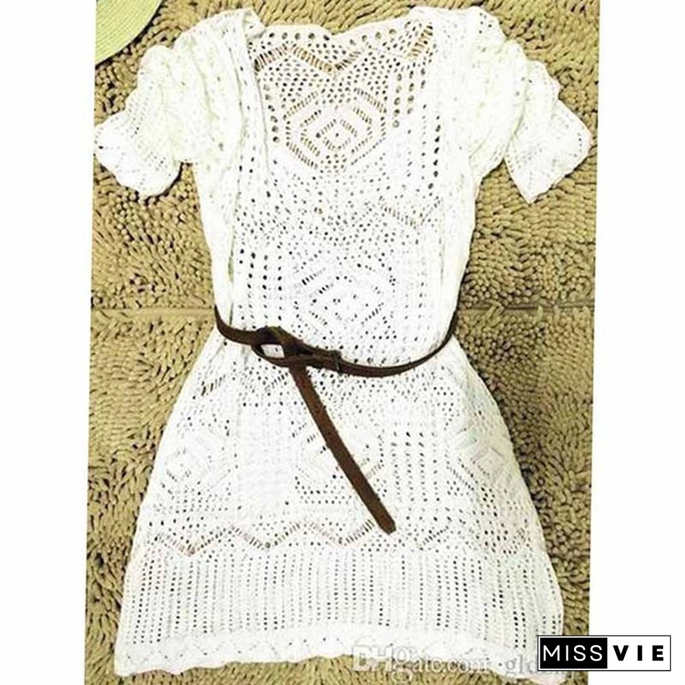 Womens White Summer Boho Lace Hollow Knit Bikini Swimwear Cover up Crochet Beach Mini Dress Tops Blouse