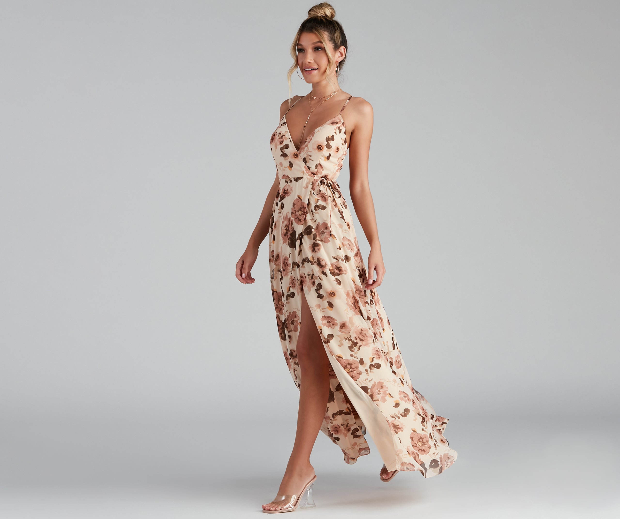 Erika Floral Chiffon Wrap A-Line Formal Dress