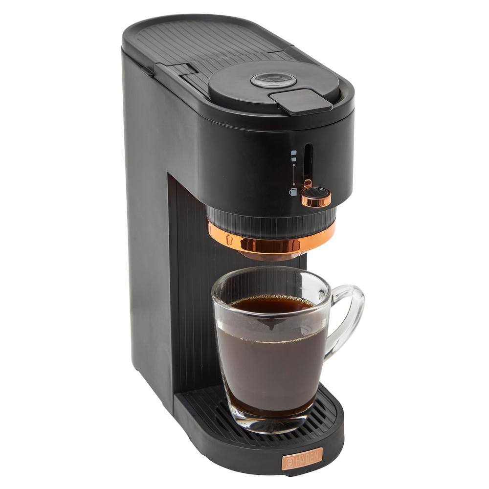 HADEN 1-Cup Single-Serve BlackCopper Coffee Maker with Attachments for Single-Serve Pods and Ground Coffee 75107