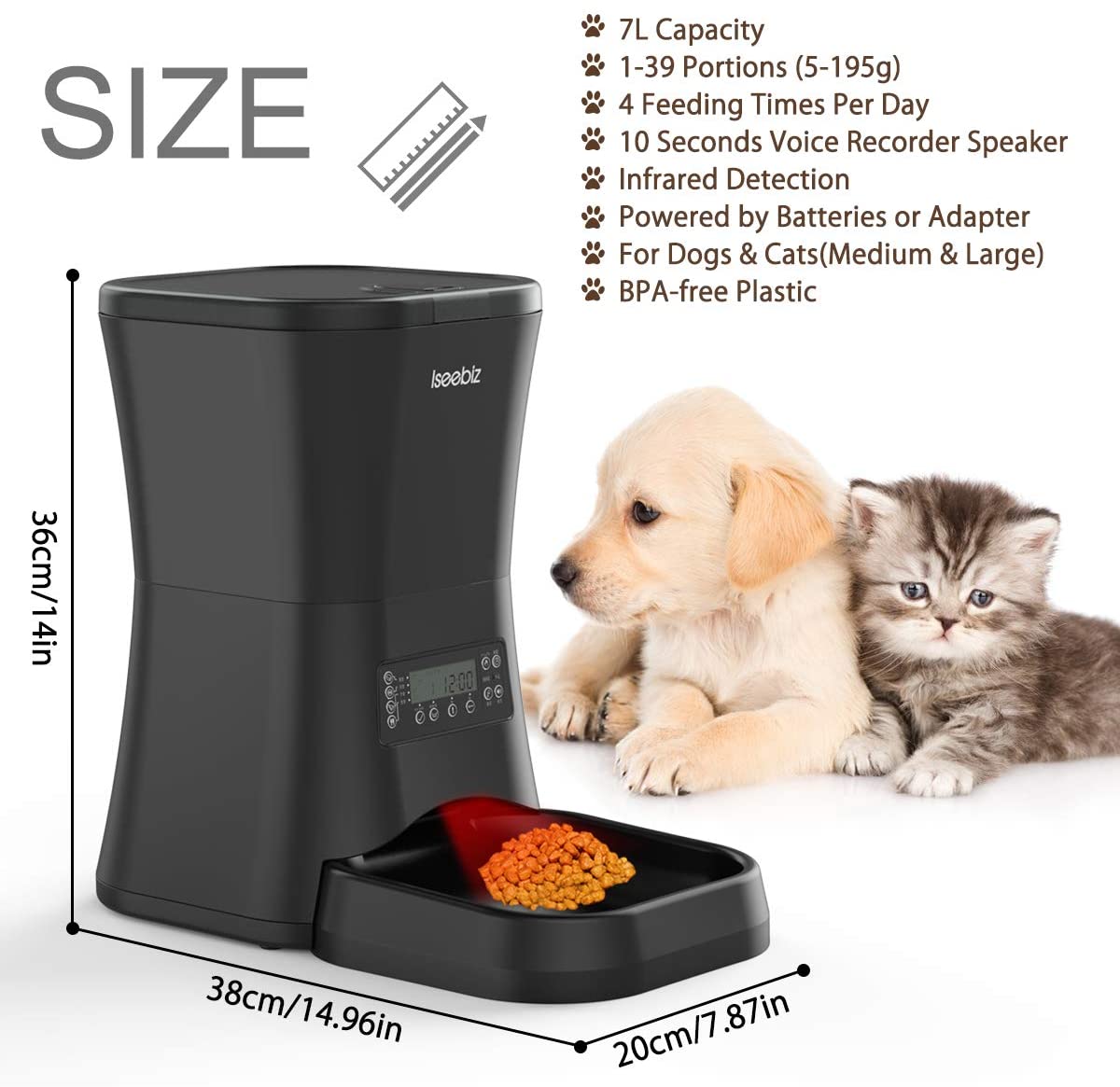 Iseebiz Pet Feeder Food Dispenser for Cats and Dogs Features Voice Recording， Timer Programmable， Portion Control， IR Detect， 4 Meals per Day for Small and Medium Pet