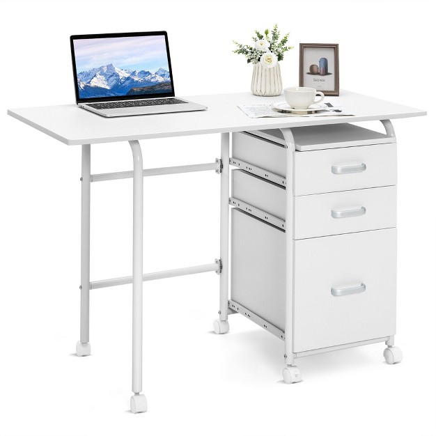 Tangkula Folding Computer Laptop Desk Wheeled Home Office Furniture W 3 Drawers White