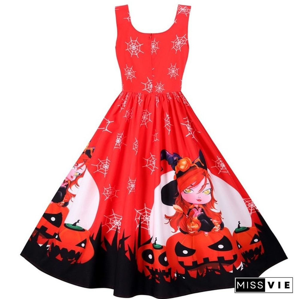 Women Halloween Party Dress Sleeveless Skull Pumpkin Printed Swing Dress