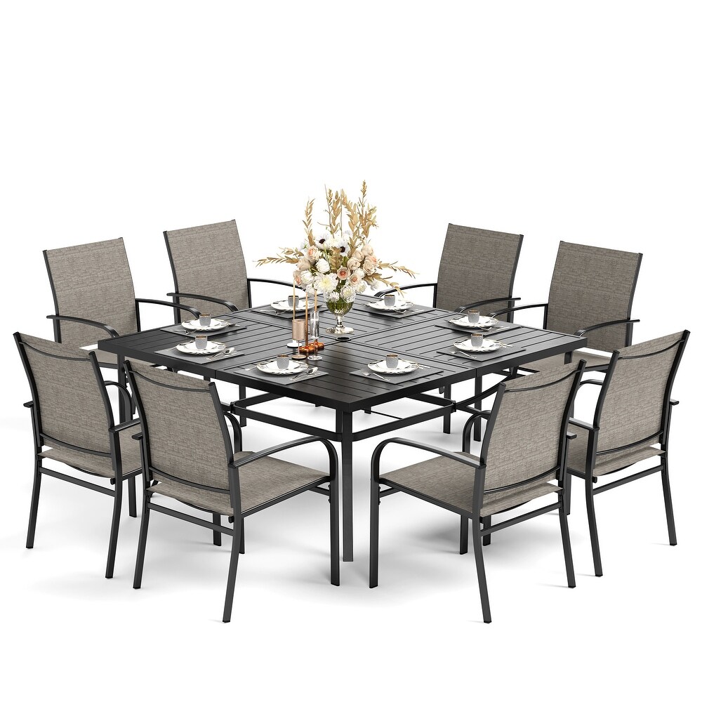 9 Piece Patio Dining Set  60 Inch Square Metal Table and 8 Textilene Dining Chairs