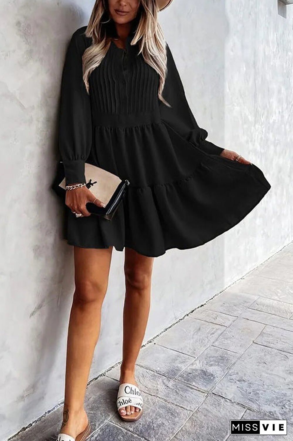 Button Layered Long Sleeve Mini Dress