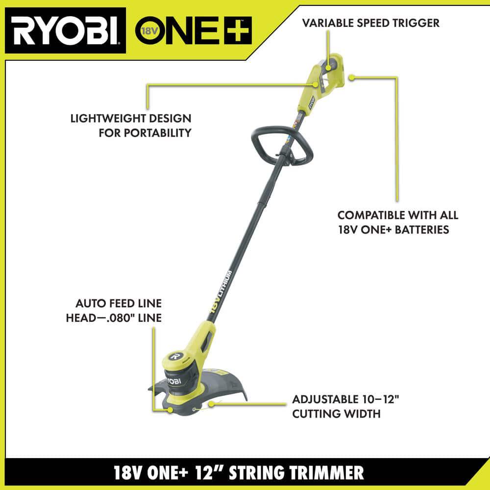 RYOBI ONE 18V 12 in Cordless Battery String Trimmer with Extra 3Pack of Spool 20 Ah Battery and Charger