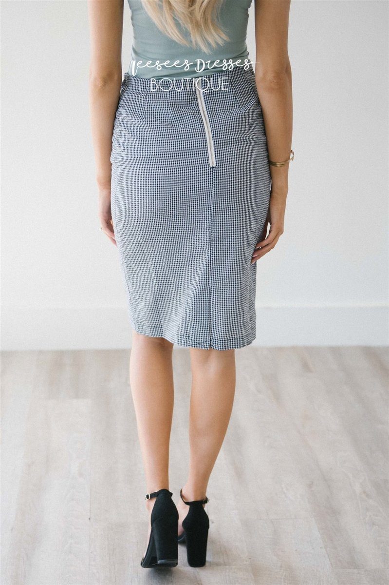 Gingham Floral Embroidered Pencil Skirt