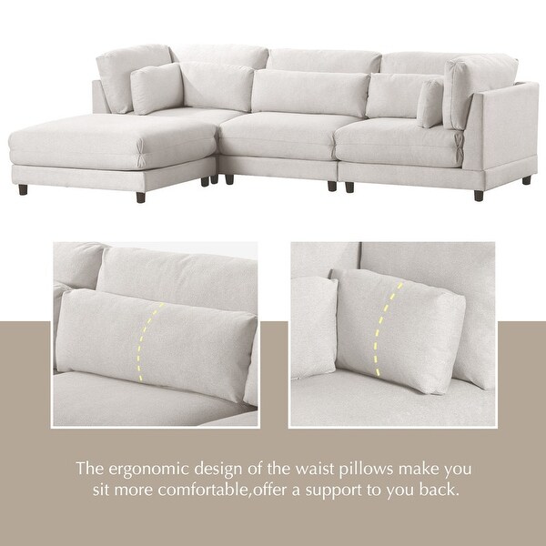 2 Pieces Upholstered Sectional Sofa， Modern Chaise Lounge Couch with Removable Ottomans and Comfortable Waist Pillows