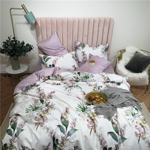 6Pcs Luxury Egyptian Cotton Bedding Set Bright Flamingo Leaf Duvet Cover Bed Fitted sheet