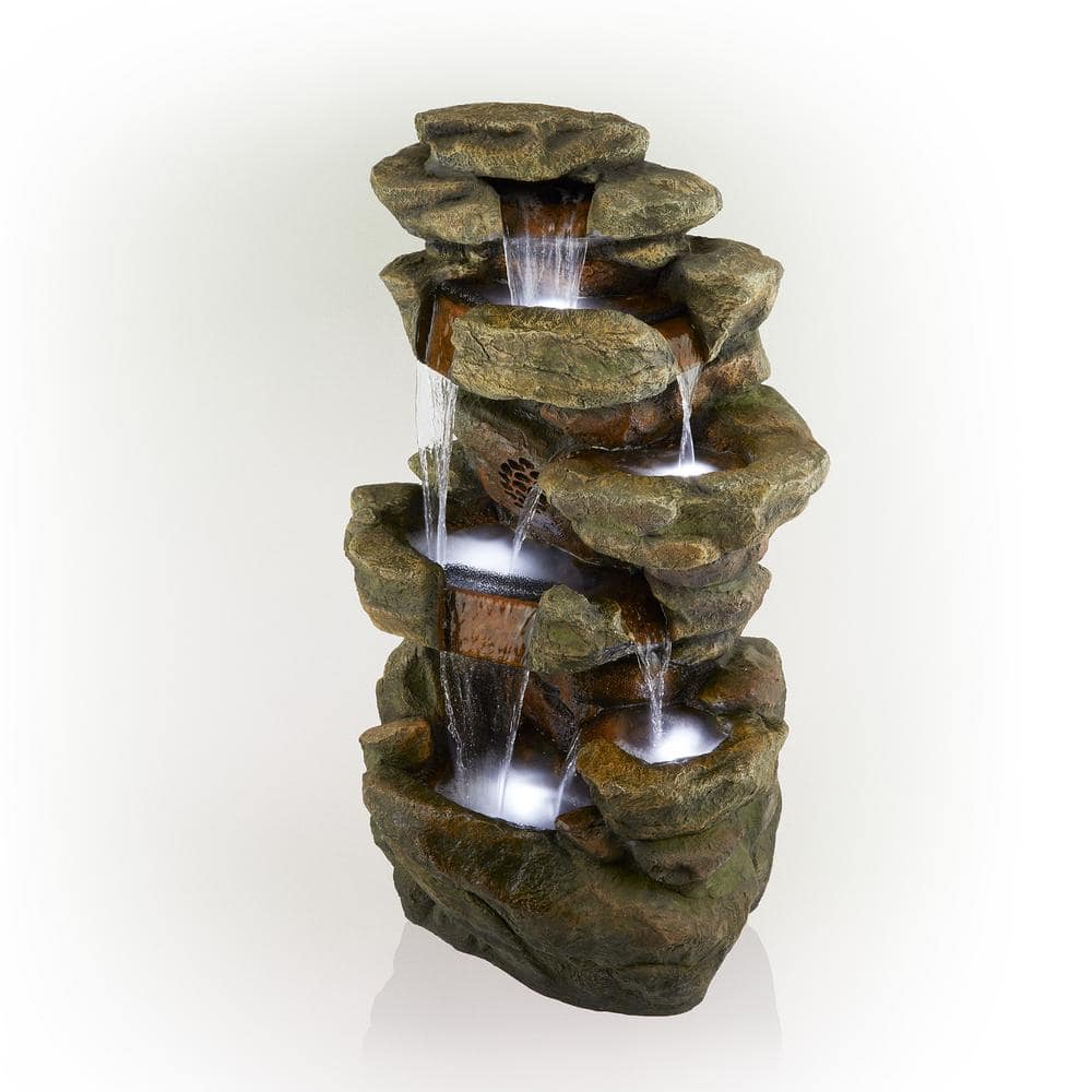 Alpine Corporation 51 in. Tall Outdoor Rainforest Floor Tiered Fountain with LED Lights and Bluetooth Speaker TZL199