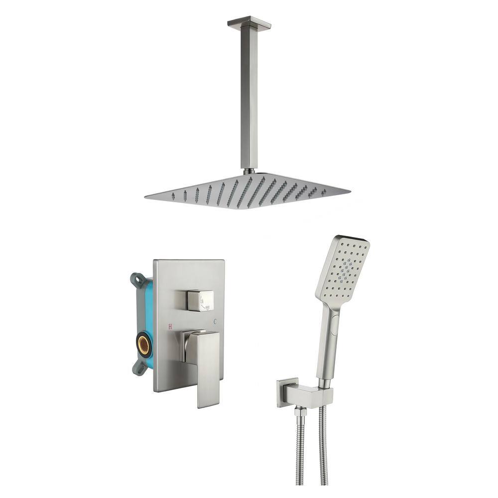 FORCLOVER 3-Spray Patterns with 2.5 GPM 12 in. Ceiling Mount Rain Dual Shower Heads in Brushed Nickel ZG-12F2B-BN