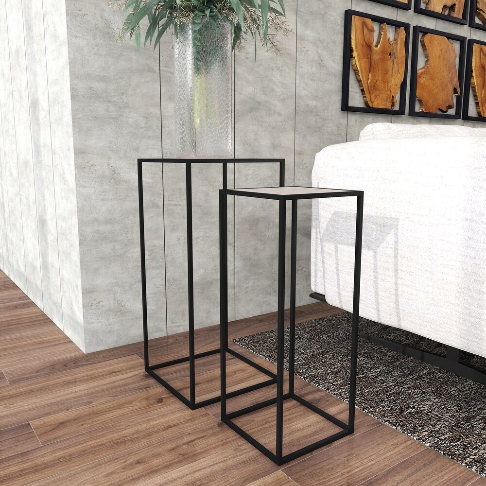 Black Metal Contemporary Accent Table with Brown Wood Tops (Set of 2)   13 x 13 x 28