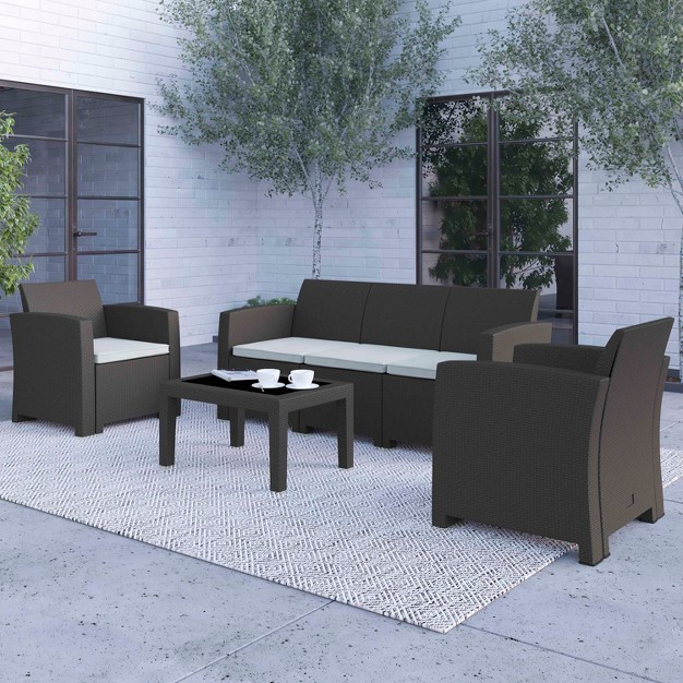 Merrick Lane 4 Piece Faux Rattan Patio Furniture Set With 2 Chairs And Sofa With Removable Beige Cushions And Table