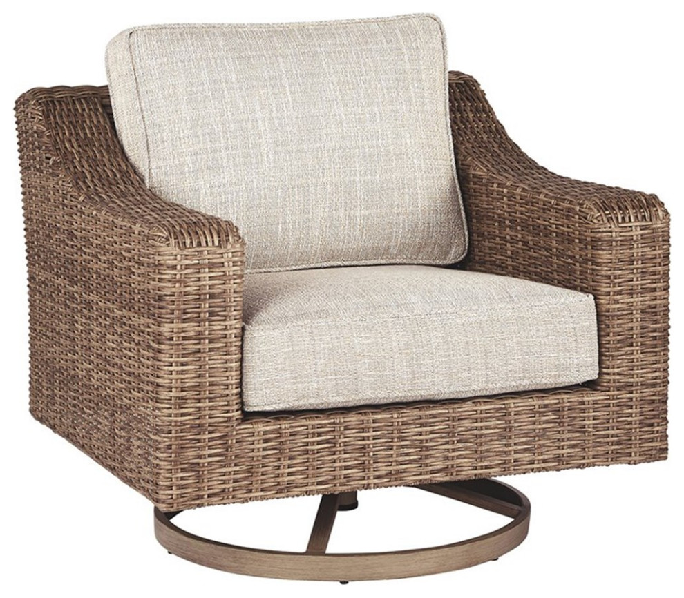 Ashley Furniture Beachcroft Swivel Patio Arm Chair in Beige   Tropical   Outdoor Lounge Chairs   by Homesquare  Houzz