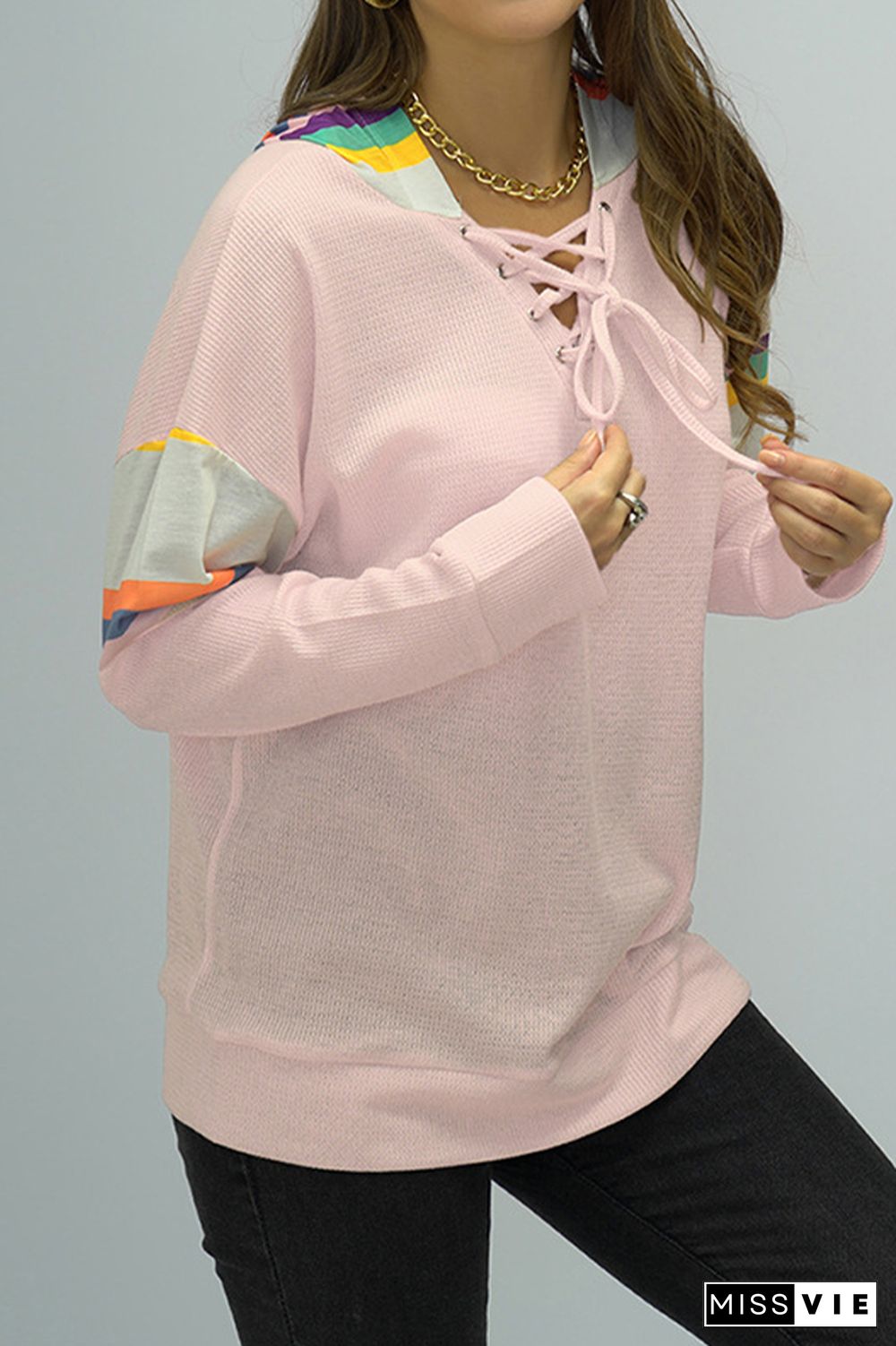 Colorful Hooded Patchwork Crisscros Strap Sweatshirt