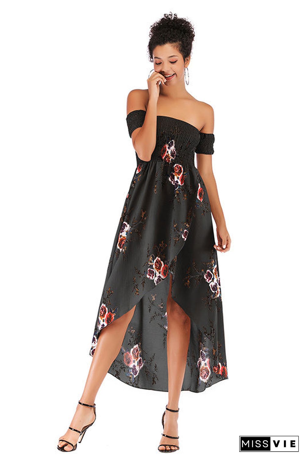 Off-the-shoulder Asymmetrical Hem Shirred Floral Dress