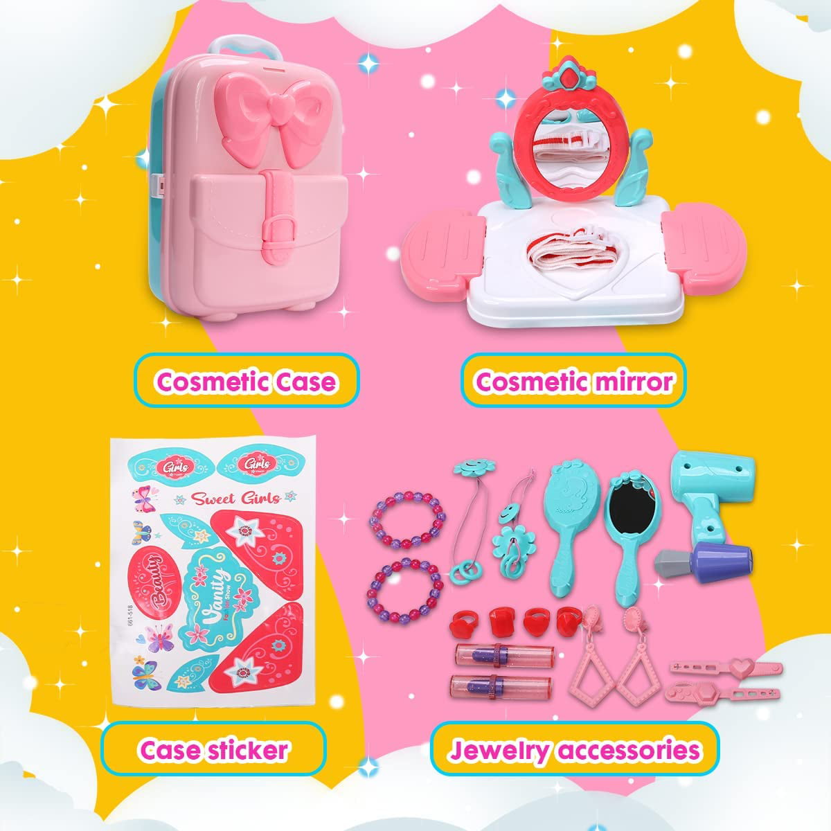 YOYTOO 21Pcs Kids Vanity Set with Mirror for Girls， Makeup Play Kit Girl Toys for Toddler