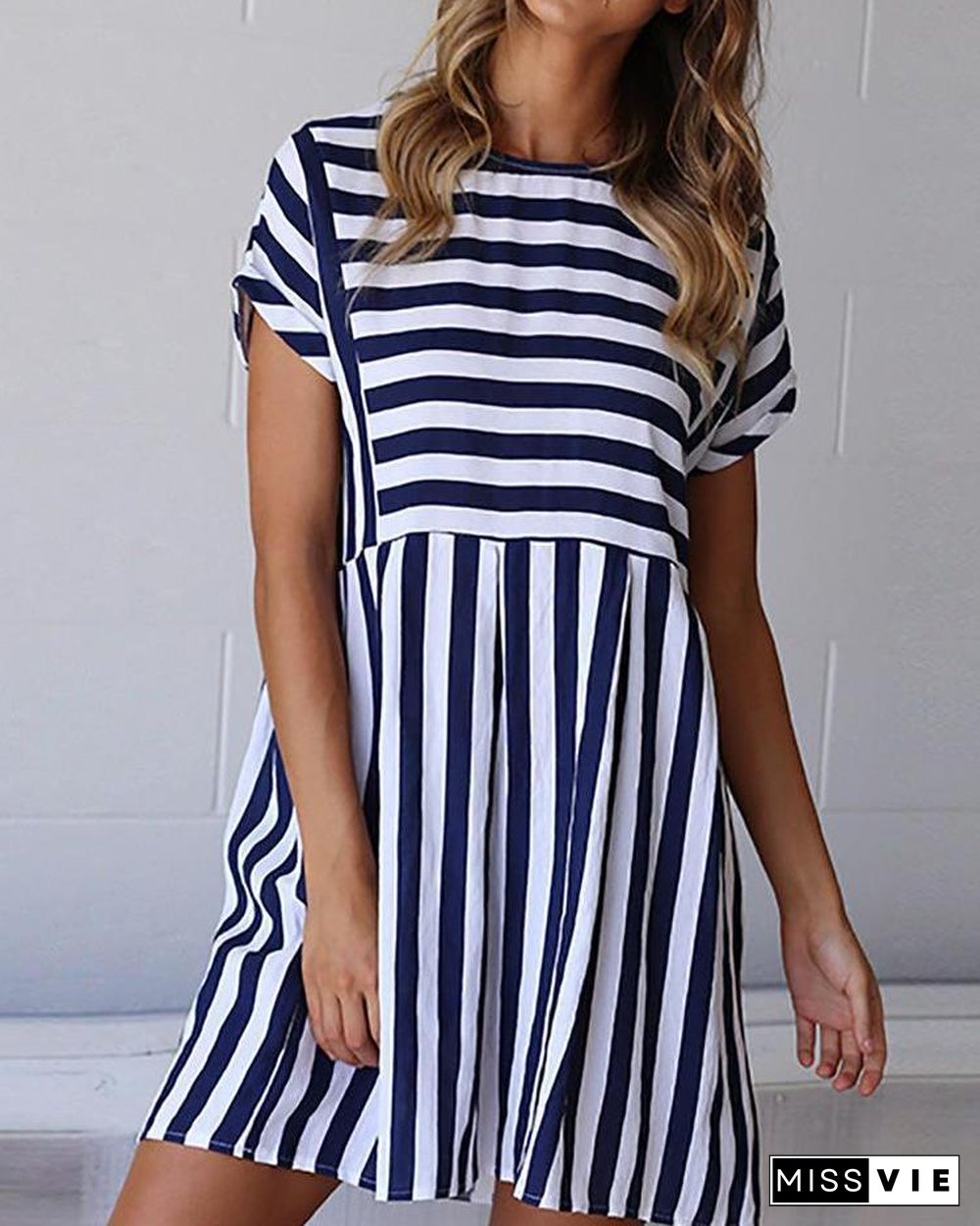 Striped Short Sleeve Casual Tunic Dress P15597