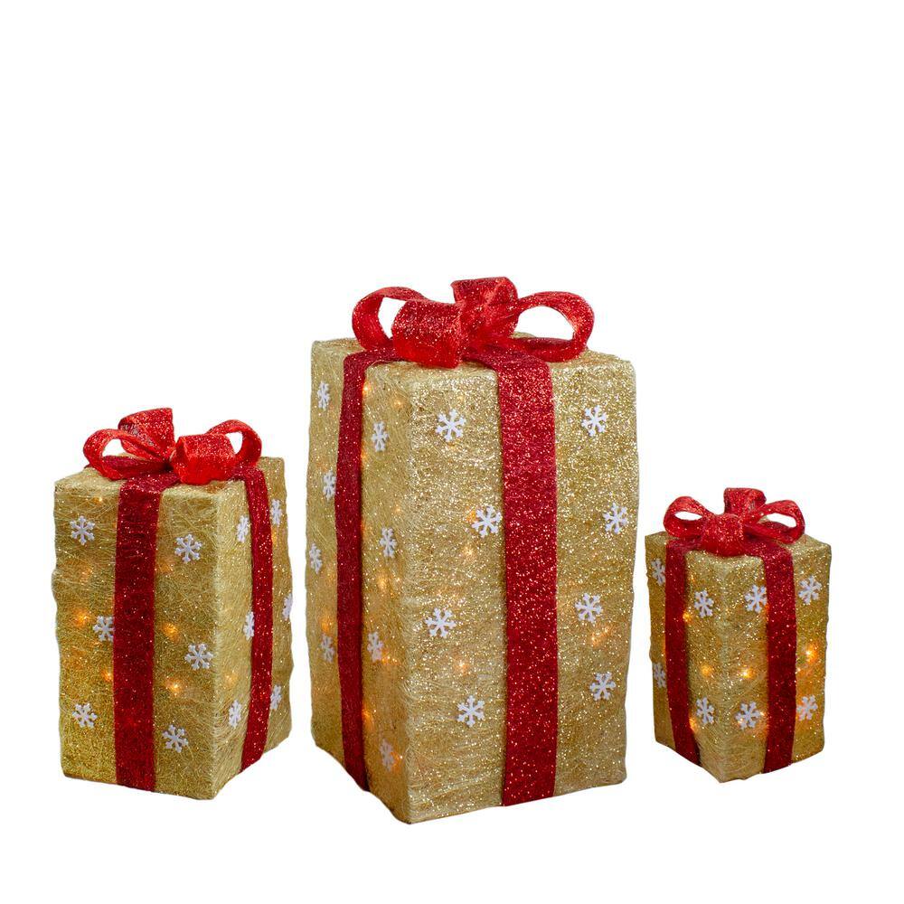 18 in. Christmas Outdoor Decorations Lighted Tall Gold Sisal Gift Boxes (3-Pack) 32606248