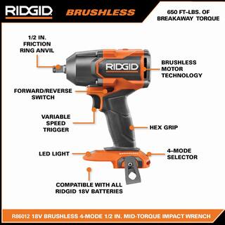 RIDGID 18V Brushless Cordless 2-Tool Combo Kit with Mid-Torque Impact Wrench with Friction Ring and Angle Grinder (Tools Only) R86012B-R86047B