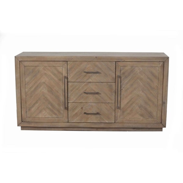 3 Drawer Herringbone Front Wooden Server with 2 Doors， Brown