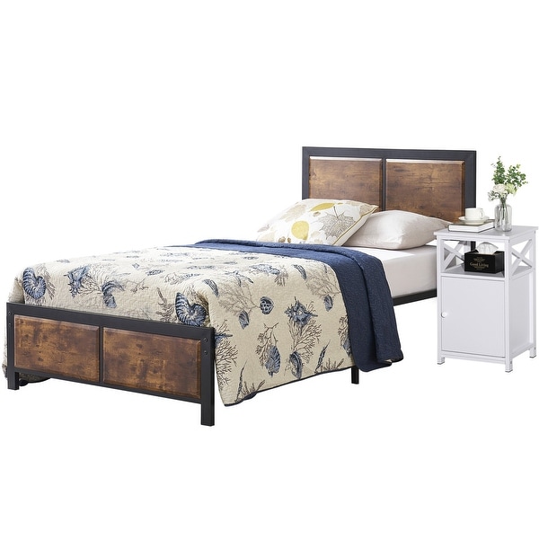 Taomika Industrial 3-pieces Bed with Wood Headboard and Nightstand Set - - 35162744