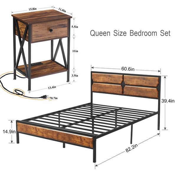 Industrial 3-Piece Platform Bed Frame and Charging Station USB Port Nightstands Set of 2 Rustic Brown - - 36714347