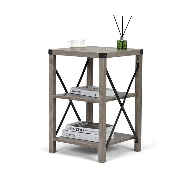 2pcs Farmhouse Side Table with 3-Tier Shelf and X-Shaped Metal Support