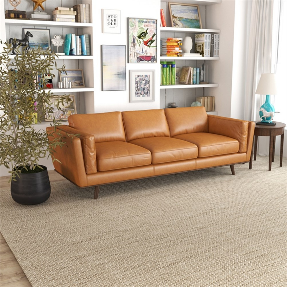 Sienna Mid Century Cushion Back Genuine Leather Upholstered Sofa in Tan   Midcentury   Sofas   by Homesquare  Houzz