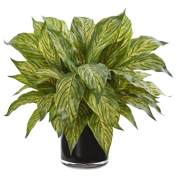 Musa Leaf Artificial Plant in Glossy Black Vase