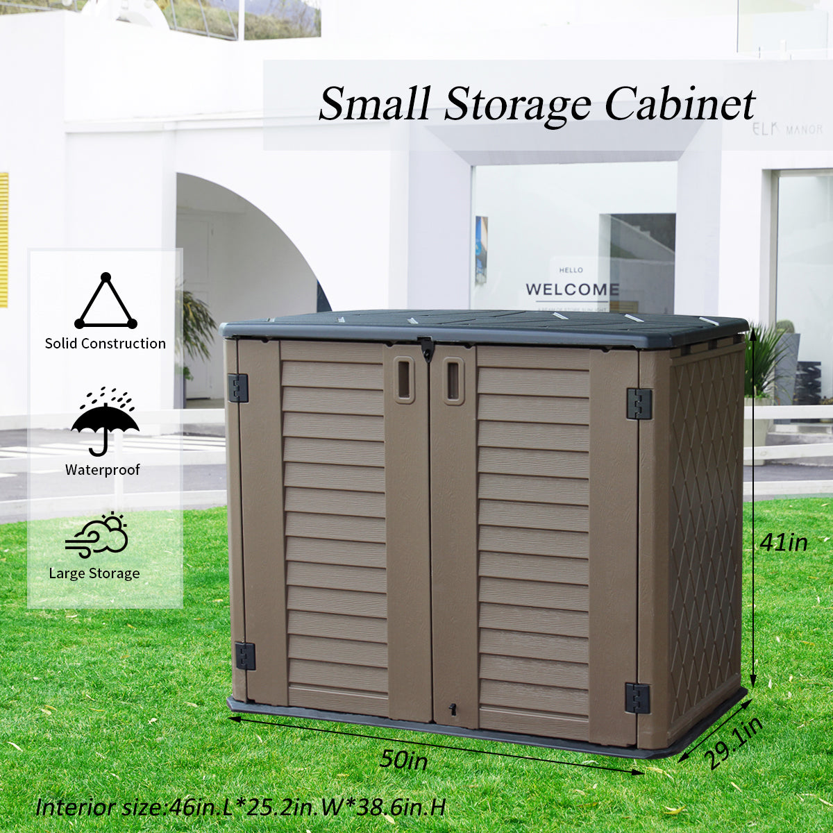 KINYING Small Horizontal Storage Sheds,26 cu.ft Resin Outdoor Storage Shed Weather Resistance(Brown)