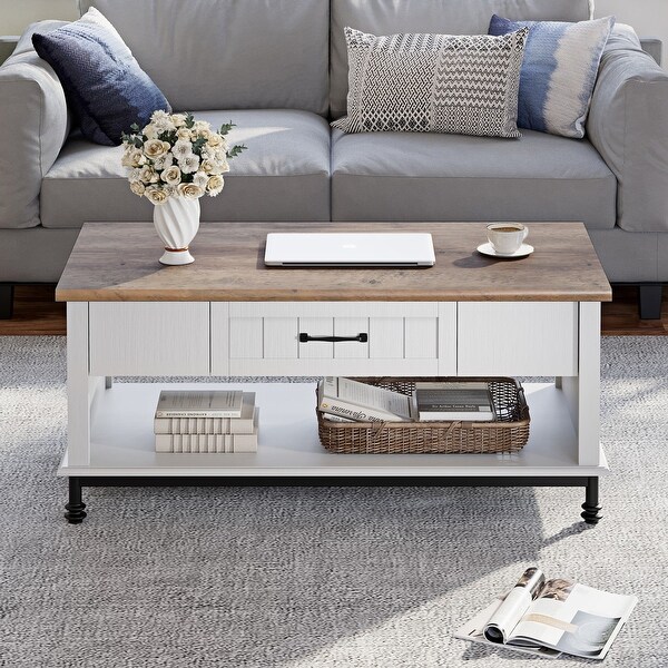 Farmhouse Coffee Table， Large Rectangle Storage Center with Drawer for Living Room