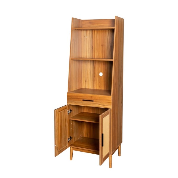 Rattan Door Display Case with drawer and Open Storage Shelves